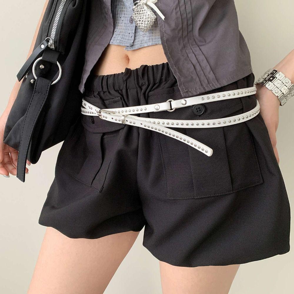 Gothic Long Double-layer Belt PU Leather Y2K Belt Trend Rivet Belt Skirts Waistband