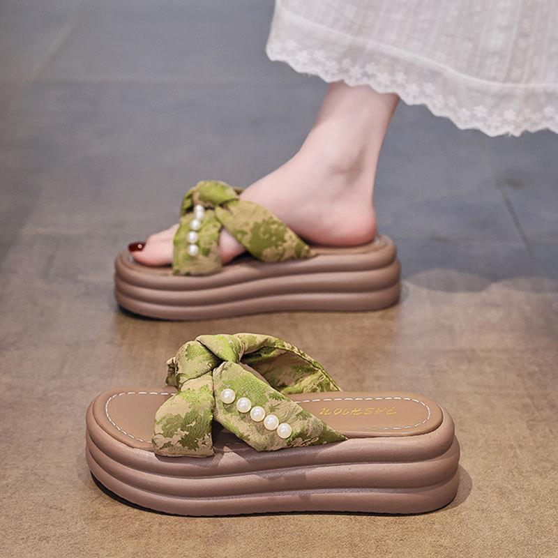 Bow Thick-soled Cool Slippers Women's Summer Wear 2025 New Versatile National Style Sandals Pearl Beach One-word Slippers