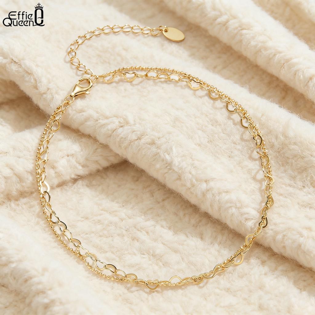 EFFIE QUEEN 925 Pure Silver 14k Gold Heart Shaped Beads Ball Chain Anklet Romantic Jewelry for Women Summer Beach Banquet SA66