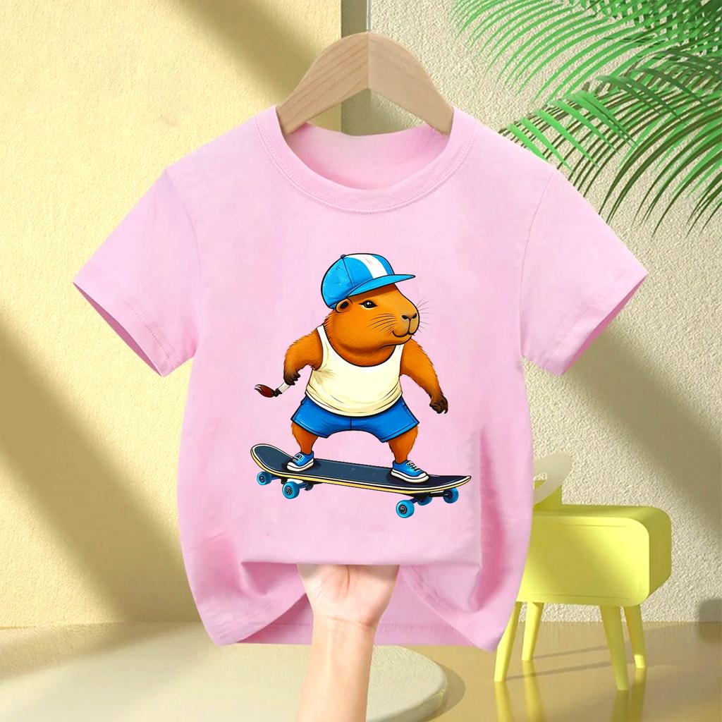 Cute Capybara Loves Bubble Tea Print Kids TShirt Summer Childrens Cartoon Shortsleeved Casual Tops Boys and Girls Clothing