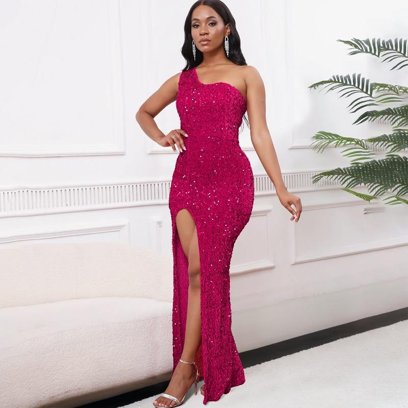 Damen Mode Ein Schulter Pailletten Schlitz Lang Sexy Formelles Partykleid