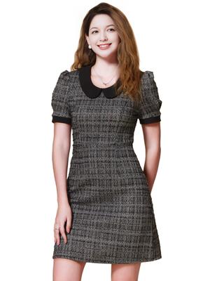 Allegra K Damen Tweedkleid, Peter-Pan-Kragen, Puffärmel, A-Linien-Minikleid, Schwarz, Größe M
