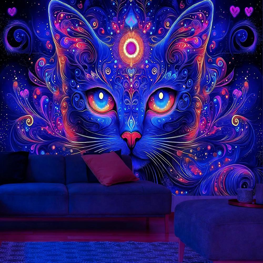 Glowing Cat Tapestry Vivid Night Art Uv Reaction Tapestry Background Decoration Wall Hanging Bedroom Party Decoration