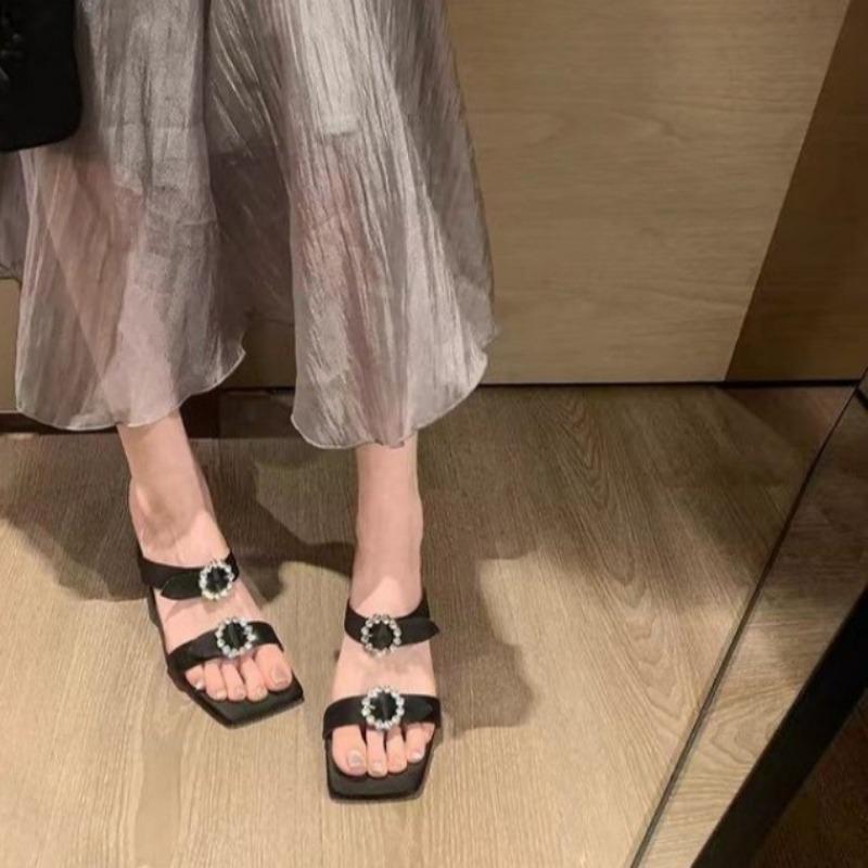 Chunky Heel Sandals New Summer Square Head Open Toe Sequin Metal Buckle Set Foot Non-slip High-heeled Slippers