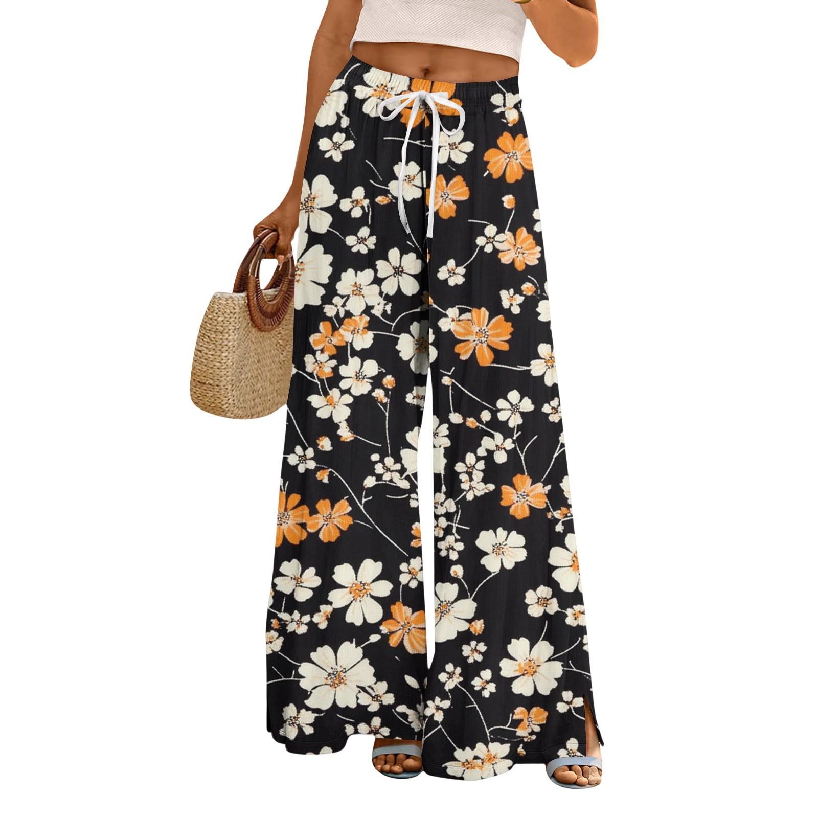 

Женские брюки с принтом и широкими штанинами, с карманами, с высокой талией, на кулиске, свободные, повседневные L чёрный