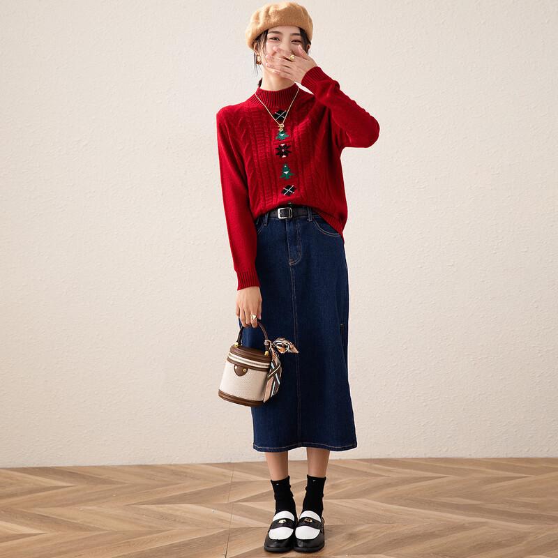 TUHUANG Women's Thick 100% Wool Christmas Jacquard Semi-High Collar Sweater