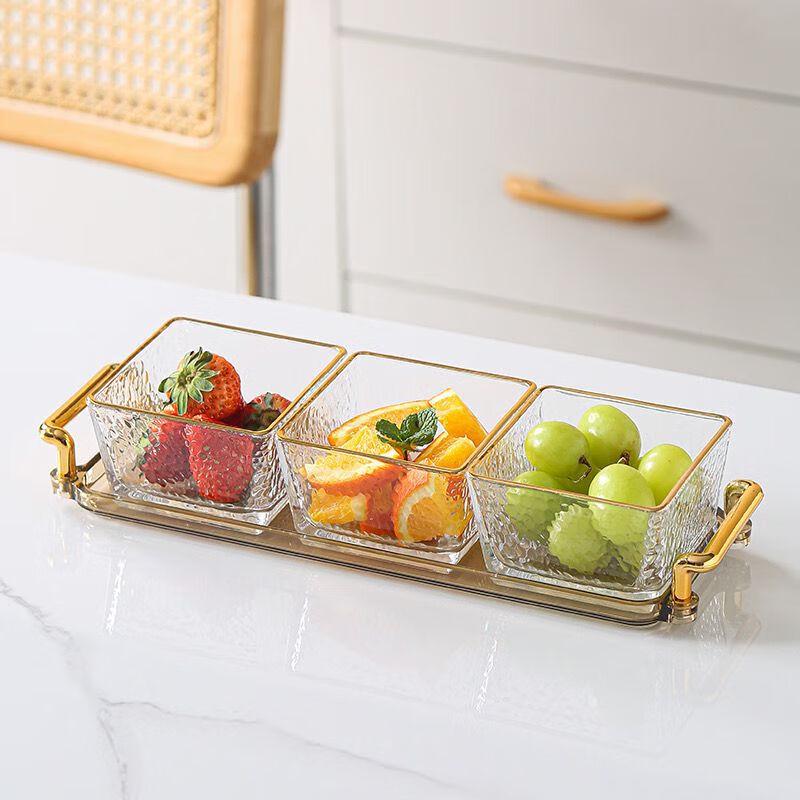 Elegant Glass Snack & Candy Serving Tray Three-Grid Tray with Hammered Gold Rim