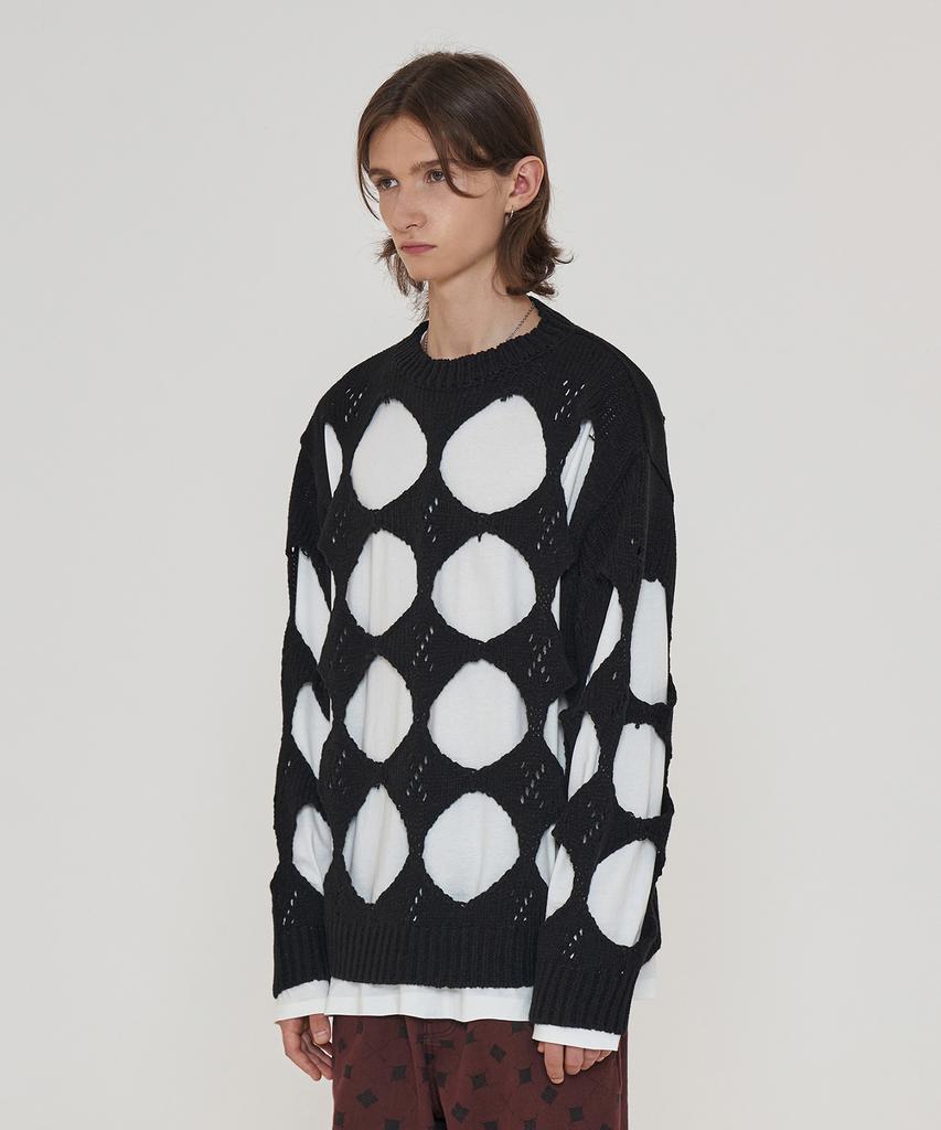 UNALLOYED Hole Argyle Round Knit / Black