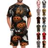 Men's Halloween Casual Pajama Set Short Sleeve Top and Shorts with Pumpkin Print Comfortable Lightweight Fabric Suitable for Home and Sleepwear