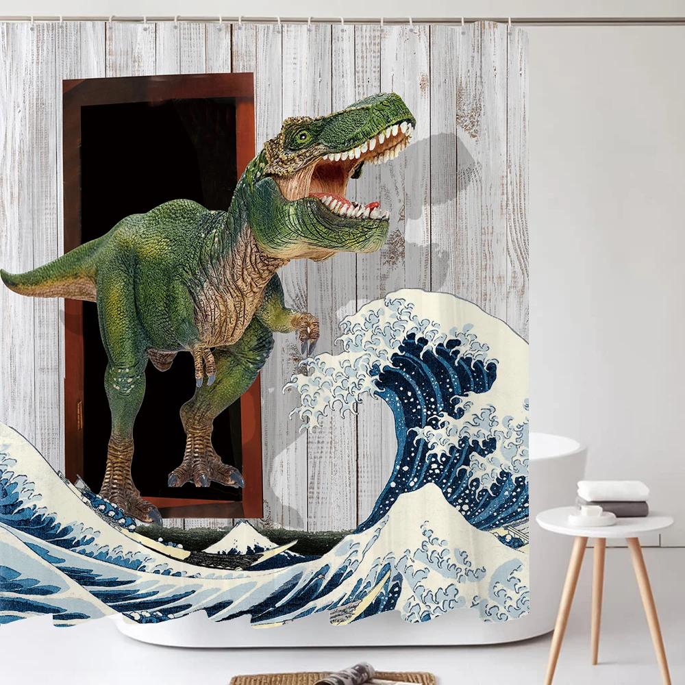Lustige Hund Dinosaurier Duschvorhänge Cooler Katze reitet Dinosaurier Japanische Ozeanwelle Kinder Badezimmervorhang Raumdeko Mit Haken