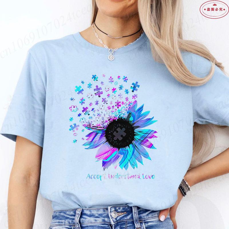 

T-Shirt for Unisex Autism Puzzle Piece Flower Shirt Autism Awareness Print Graphic Y2k Tops Short Sleeve Tee Harajuku Streetwear S