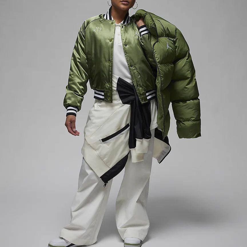 Jordan Spliced Embroidered Logo Baseball Collar Casual Jacket Women Outerwear Light-Olive-Yellow FB5154-340