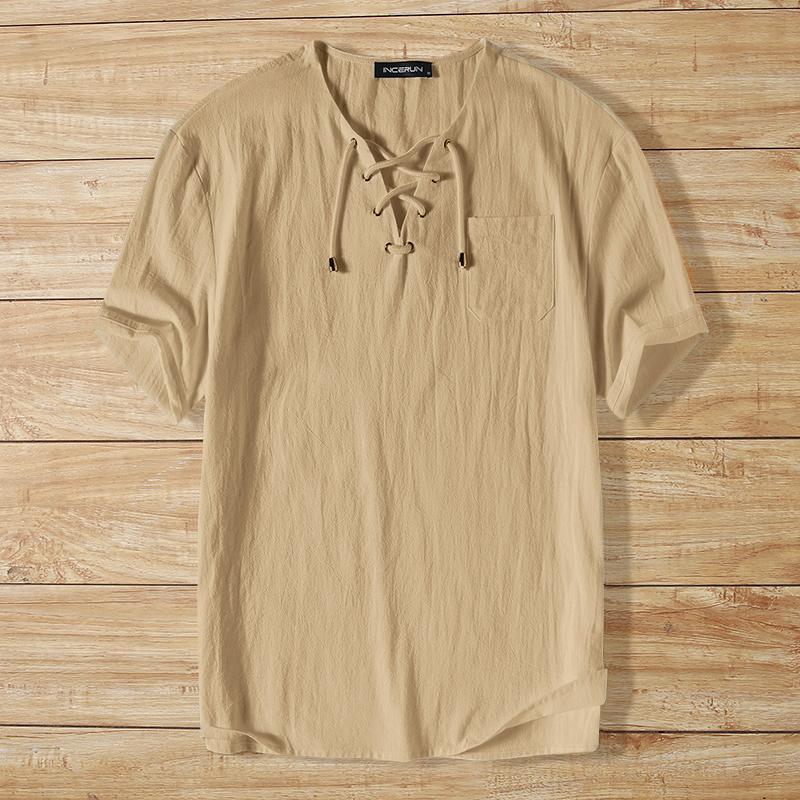

INCERUN Vintage Mens Summer Short Sleeve Lace Up Neck Solid Color Casual T-shirts Tops 2XL