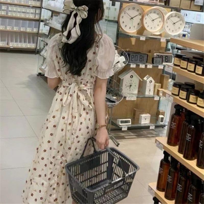 French Gentle Style Niche Design Puff Sleeve Floral Skirt for Women In Summer New Small Waist Dress