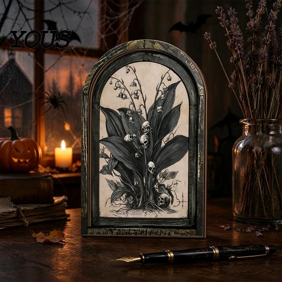 Desktop Halloween Ornament Arched Wooden Wall Decor, Ghost Cat Double-Layer Hanging Ornament, Distressed Gothic Dark Floral Art Tabletop Decor Plaque,