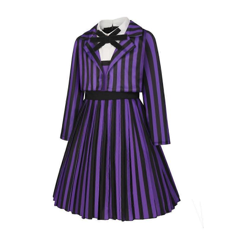 Wednesday Addams Costume Purple Outfit Striped School Uniform Halloween Cosplay Costume for Kids Adults