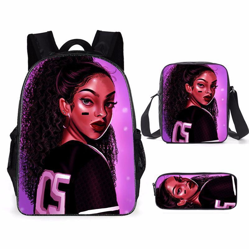 Cartoon African Girl Schoolbag, Primary And Secondary School Backpack, Backpack Three-Piece Set