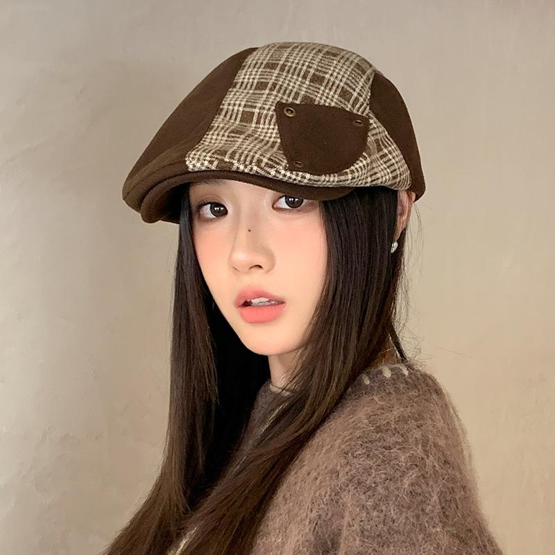 British Retro Plaid Splicing Front Hat Autumn and Winter Face Showing Small Windproof Newspaper Beret Korean Style Fashion Versatile Beret