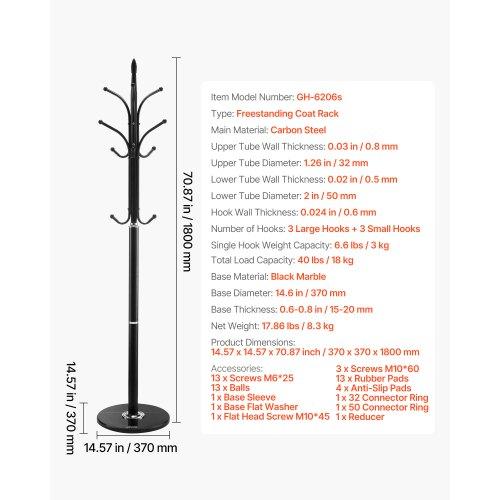 VEVOR Coat Rack Freestanding, Coats Tree Stand with Stable Marble Base & 6 Hooks, Free Standing Hall Coat Rack for Entryway, Bedroom, Office