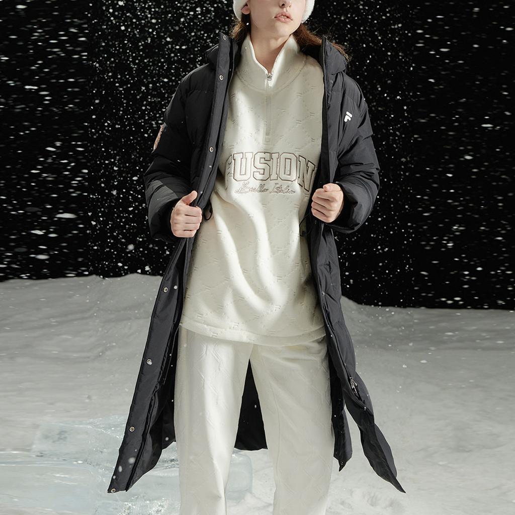Fila Fusion Solid Color Hooded Sports Warm Loose Long Down Jacket Women Outerwear Black T11W345907ABK