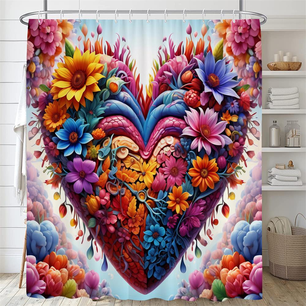 Beautiful Heart-Shaped Flower Shower Curtain Loving Floral Shower Curtain Flowers And Plants Bathroom Curtains Home Decoratoin