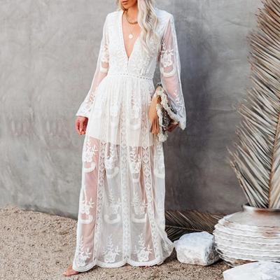 Abito da donna in pizzo primavera estate sexy scollo a V manica lunga tinta unita chiffon abito femminile vita alta ricamato da spiaggia casual abiti da donna 24176