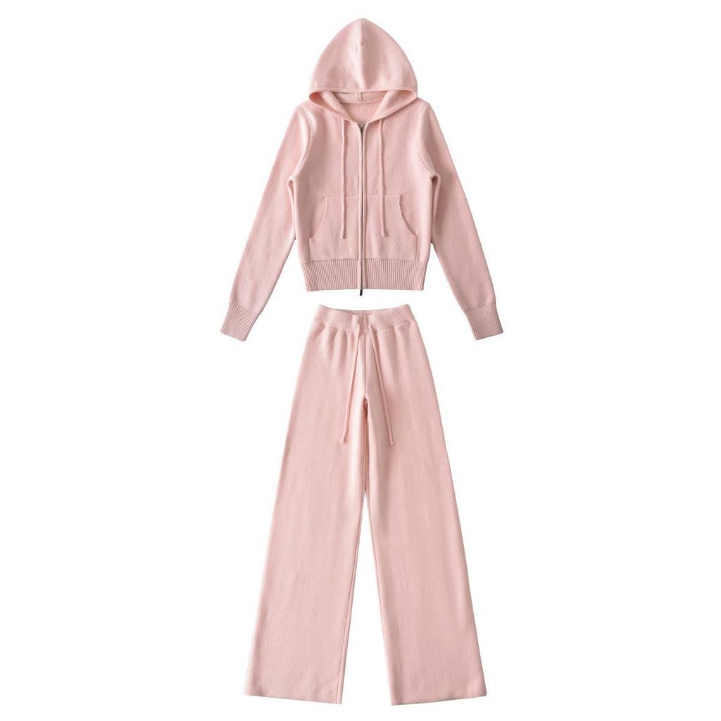 Airy Knit Set: Hooded Zip-Up Sweatshirt & Casual Low-Waist Wide-Leg Pants