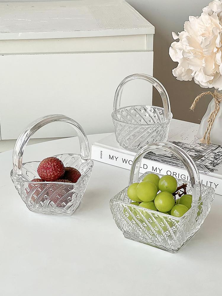 High Beauty Relief Rattan Woven Glass Fruit Basket Living Room Household Portable Dim Sum Tray European Transparent Snack Plate