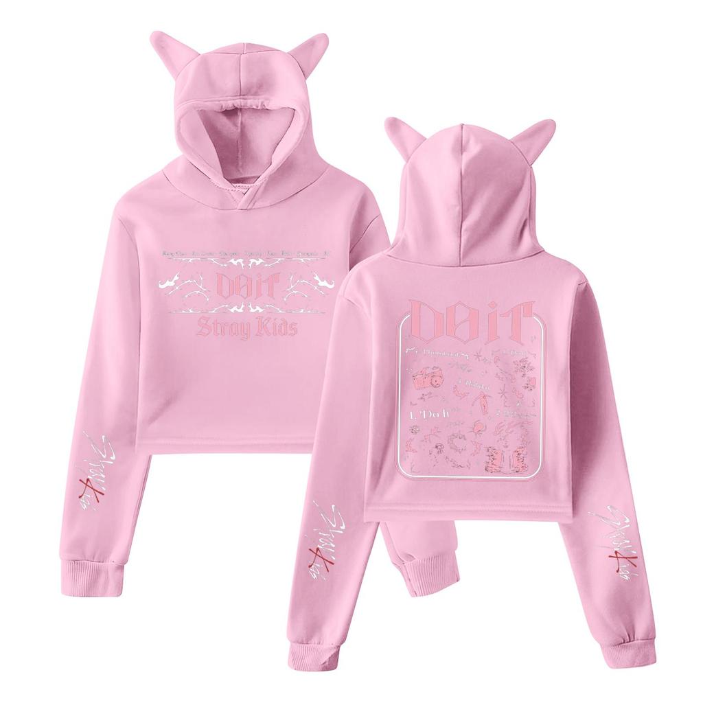 Stylish Women's Hooded Pullover Sweatshirt With Stray Kids Print, Trendy Long-sleeved Top.