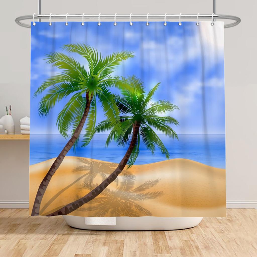 Beach Vacation Shower Curtain Tropical Palm Trees Ocean Waves Starfish Sandy Shore Pattern Waterproof Polyester Bathroom Decor