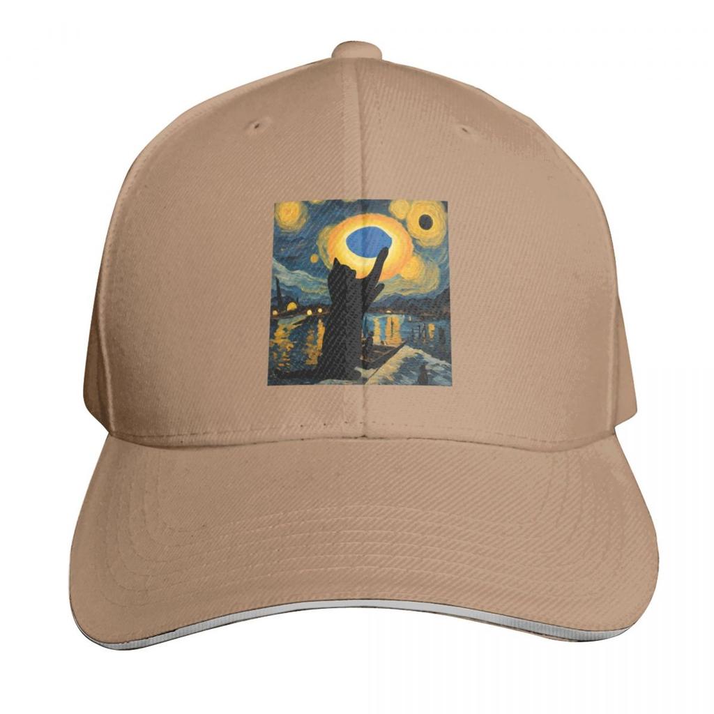 Solar eclipse Van Gogh style and my black cat in Texas Baseball Cap Unisex Women Casual Summer Sport Sun Cap