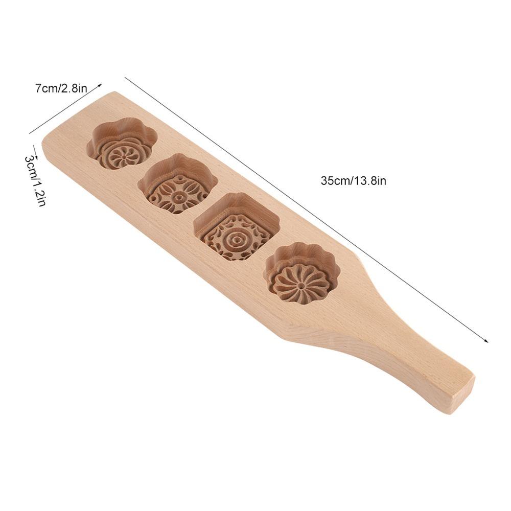 Wooden 4-Hole Wooden Mooncake Mold Printed Texture Handmade Moon Cake Mold 4 Flower Pattern Food-Grade Cake Baking Tools