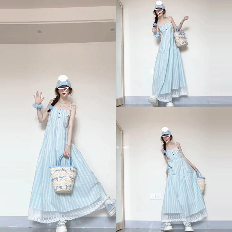 [Original Practice] French Temperament Blue Striped Suspender Dress Children Summer Small Seaside Vacation Long