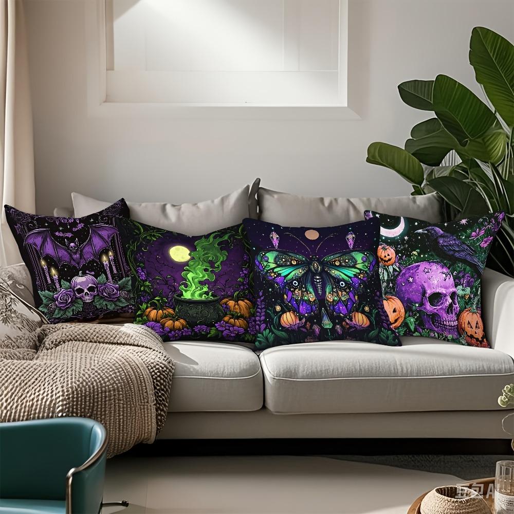 Halloween Themed Pillow Covers: Bat, Cauldron, Butterfly, Raven with Skull and Pumpkin Designs Sofa Cushion Cover
