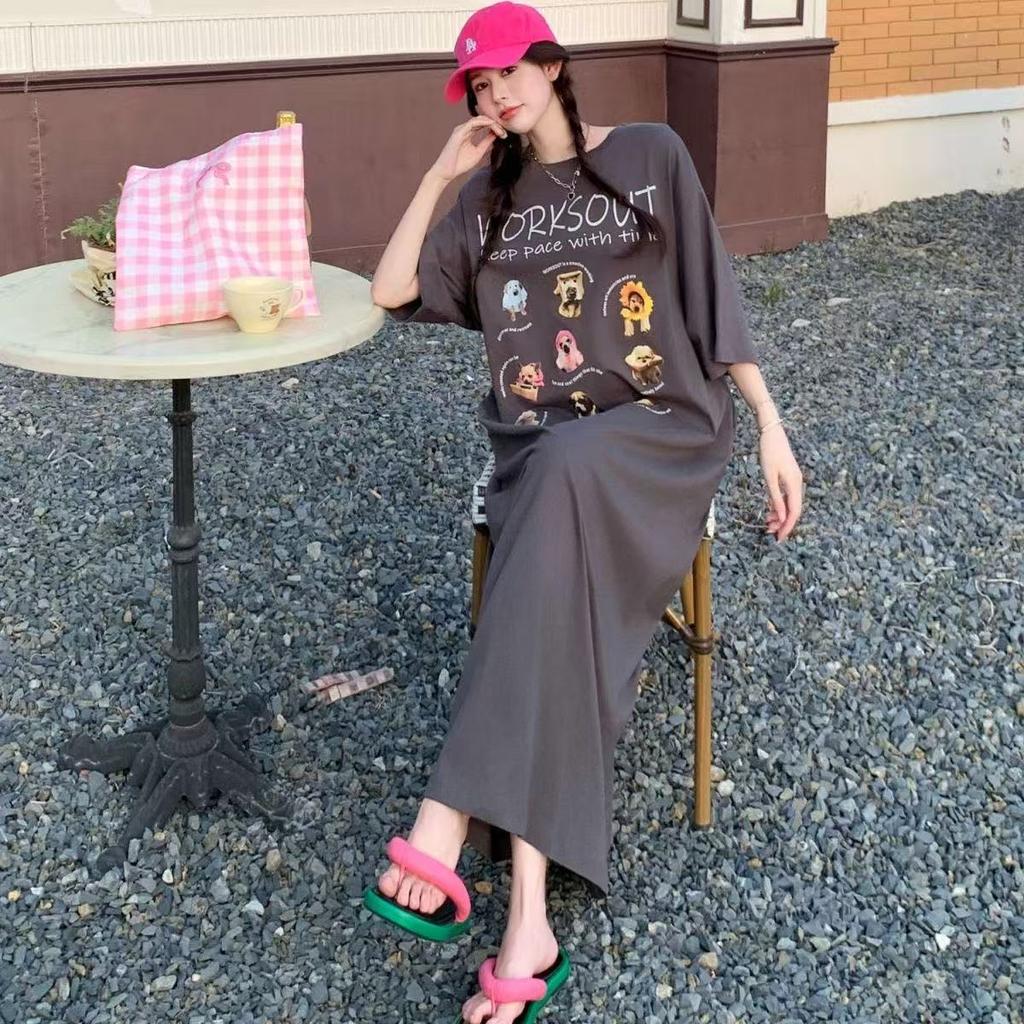 Korean Version of Summer New Dress Long Knee T-shirt Skirt Large Size Loose Simple Cartoon Print Lazy Dress