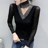 2024 European Autumn/Winter Rhinestone Cutout High Neck Slim Long Sleeve Shirt