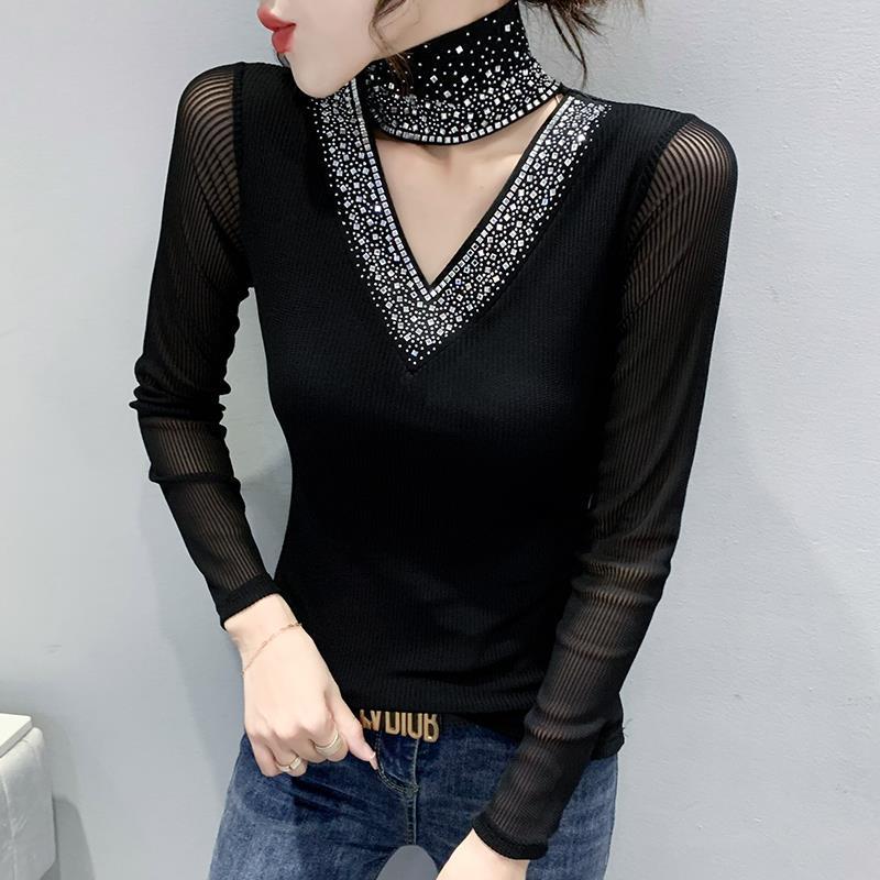 2024 European Autumn/Winter Rhinestone Cutout High Neck Slim Long Sleeve Shirt