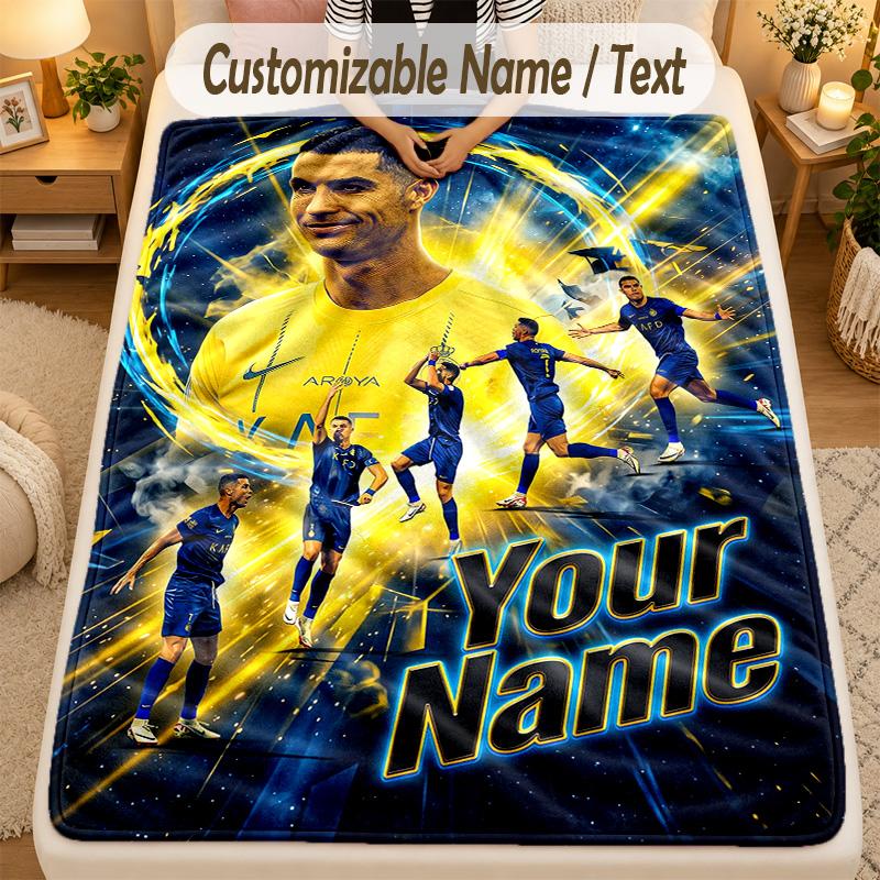 Flannel BlanketCristiano Ronaldo Custom Name Text Personalized Soft Warm Throw Blanket Home Decor Gift