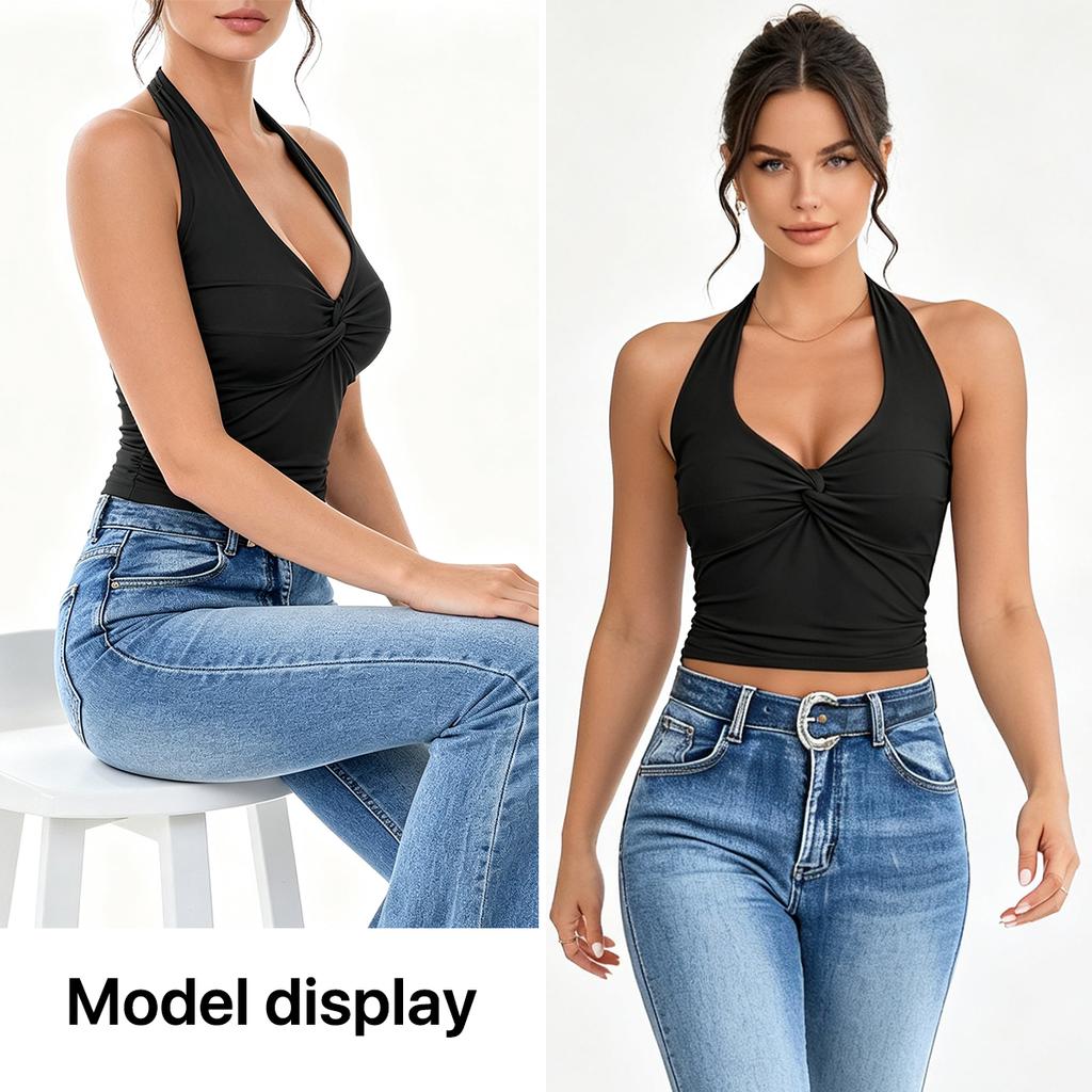 Damen Neckholder Ärmelloses Tanktop Verdrehte Vorderseite Tiefes V-Ausschnitt Schmale Passform Einfarbig Kurz Lässig Sommer Crop Bluse
