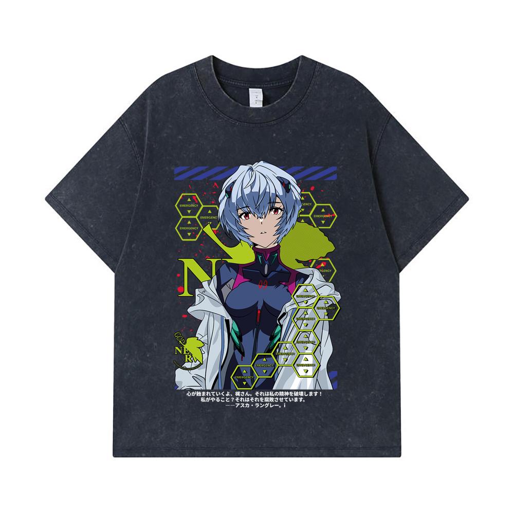275 GSM Washed T-shirts 100% Cotton Evangelion V6 Rei Print Unisex Heavy Cotton T Shirt