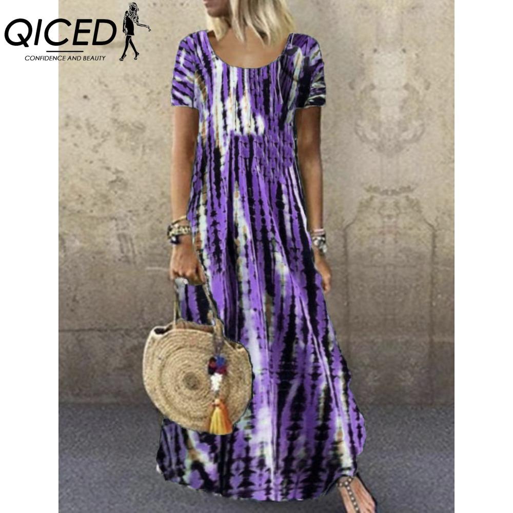 QICED S-5XL Women Fashion Summer Spring Casual Short Sleeve O-Neck Dresses