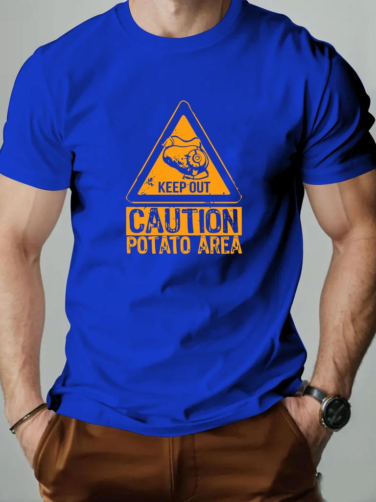 Mens cotton Tshirt CAUTION POTATO AREA summer round neck short sleeve graphic breathable fashion casual Tshirt