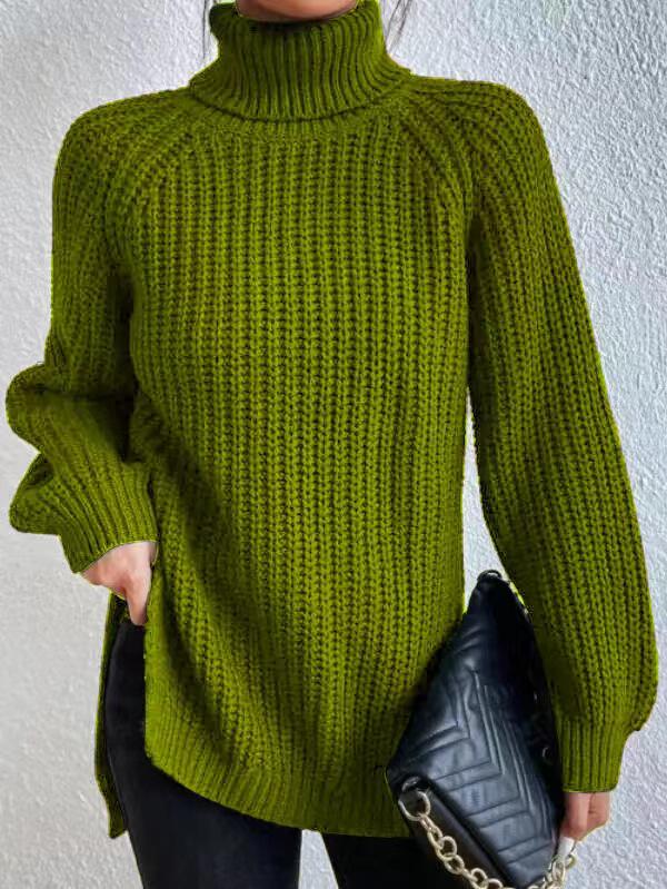 2026 Autumn/Winter Women's Knitted Mid-Length Raglan Sleeve High Turtleneck Slit Sweater Dress