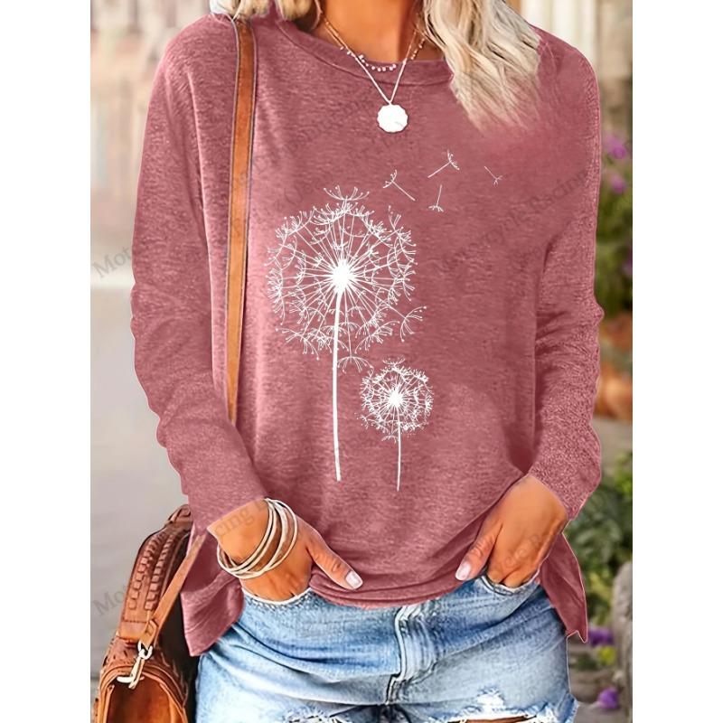 Floral Dandelion 3D Print Round Neck Long Sleeve T-shirts Fashion Casual Vintage Tops