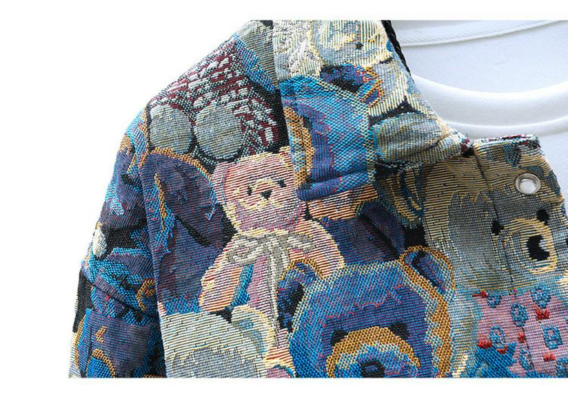 Men's Trendy Denim Bear & Flower Jacket - Cotton, Loose Fit, Wear-Resistant, Big Sizes Available