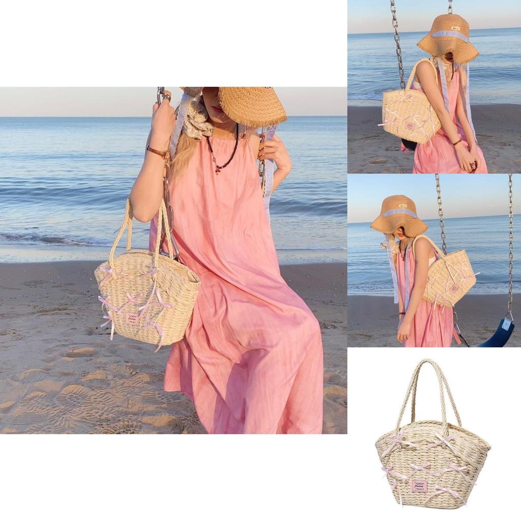 Einfache Rosa Schleife Dekoration Damen Lässige Grasgewebte Handtasche Für Den Täglichen Gebrauch Und Strandausflüge