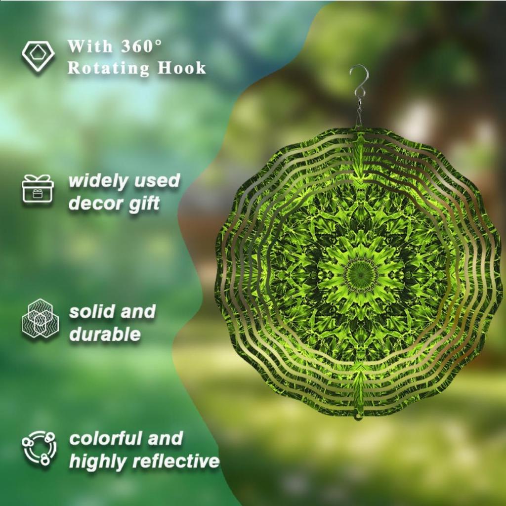 Grüner Mandala Metall Windrad für Garten Terrasse Balkon Dekoration 25,4 cm Hängende Windglocke mit 360° Drehung Ganzjahres Außenkunst
