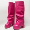 Fashion IPPEUM Fold Over Boots Women Orange Hot Pink Block Heel Knee High Plus Size 43 Platform Shoes Y2k Botas Plataforma Mujer
