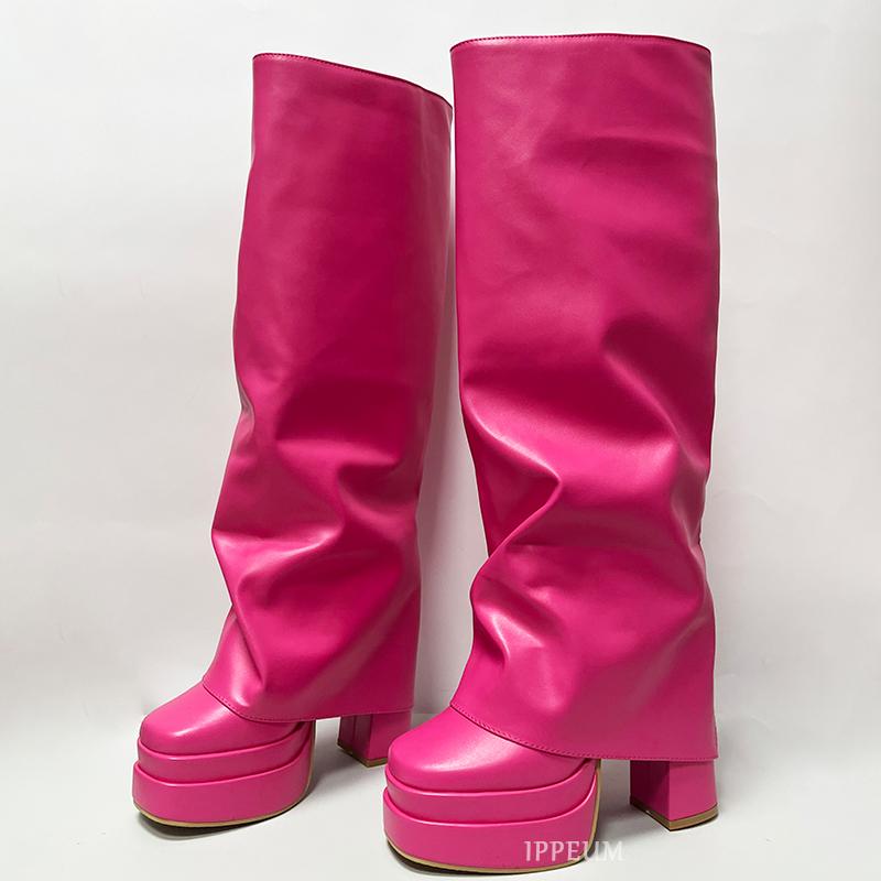 Fashion IPPEUM Fold Over Boots Women Orange Hot Pink Block Heel Knee High Plus Size 43 Platform Shoes y2k botas plataforma mujer
