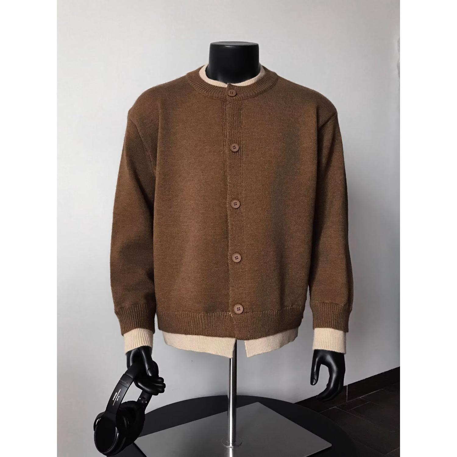 

American retro college style fake two-piece cardigan men s sweater autumn and winter new lazy cleanfit knitted sweater jacket 3XL